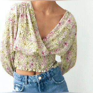 Zara Blouse Floral V Neck Smacked Waistline Green Purple Sheer Women’s Size S